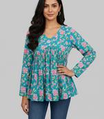 Teal floral printed cotton tunic short kurti top for women