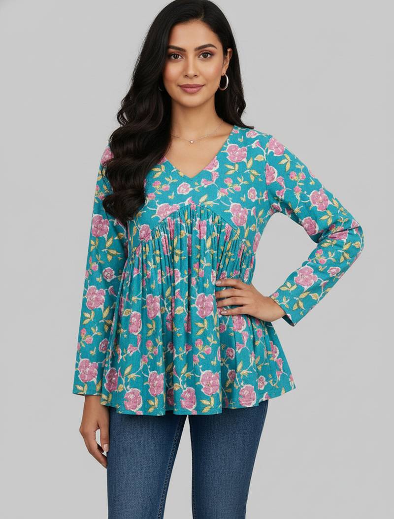 Teal floral printed cotton tunic short kurti top for women
