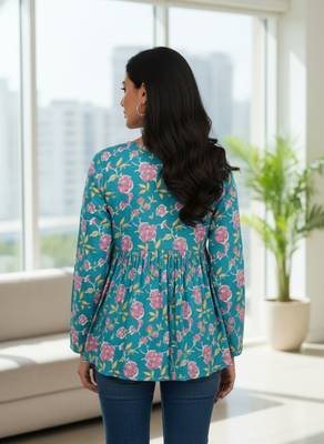 Teal floral printed cotton tunic short kurti top for women 2