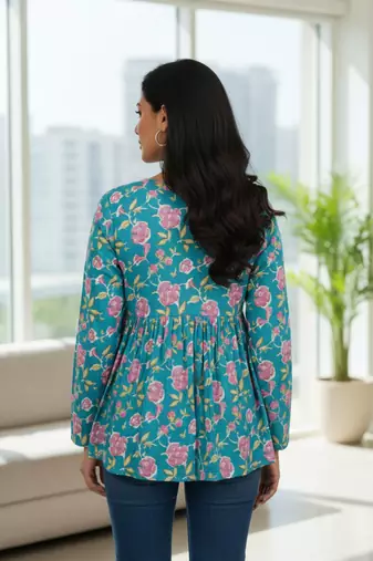 Teal floral printed cotton tunic short kurti top for women