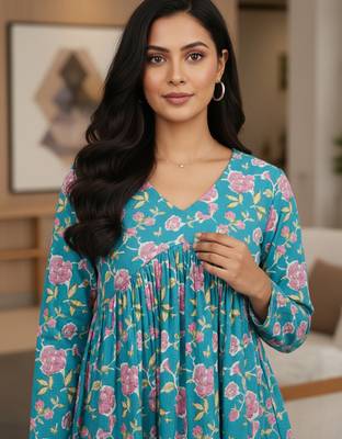 Teal floral printed cotton tunic short kurti top for women 4