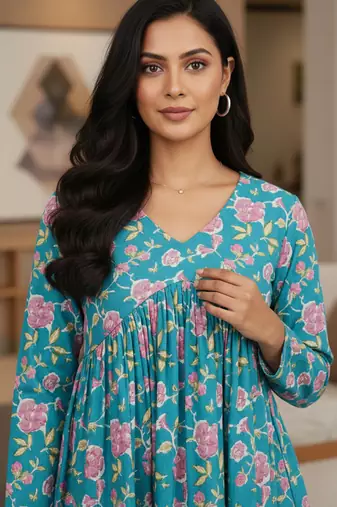 Teal floral printed cotton tunic short kurti top for women
