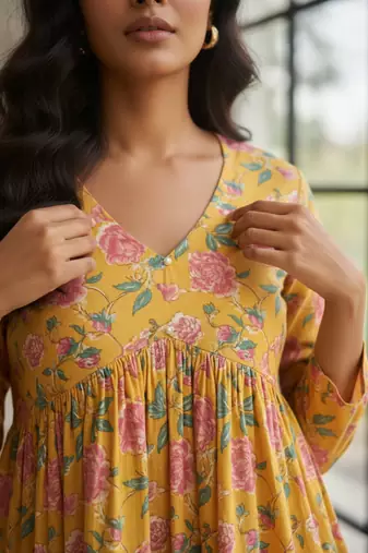 Yellow floral printed cotton tunic short kurti top for women