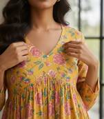 Yellow floral printed cotton tunic short kurti top for women