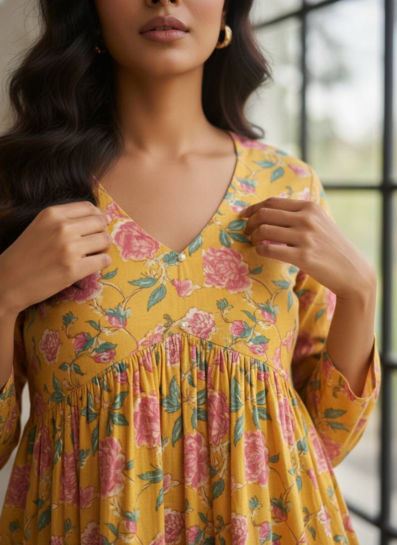 Yellow floral printed cotton tunic short kurti top for women
