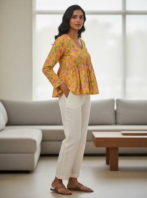 Yellow floral printed cotton tunic short kurti top for women 2