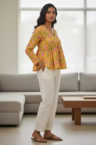 Yellow floral printed cotton tunic short kurti top for women