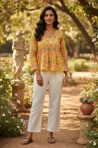 Yellow floral printed cotton tunic short kurti top for women