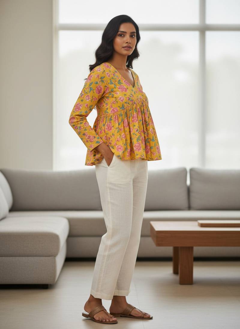 Yellow floral printed cotton tunic short kurti top for women