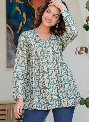 Teal floral printed cotton tunic short kurti top for women 1