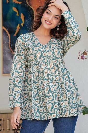 Teal floral printed cotton tunic short kurti top for women
