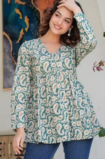 Teal floral printed cotton tunic short kurti top for women