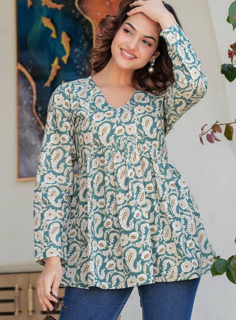 Teal floral printed cotton tunic short kurti top for women