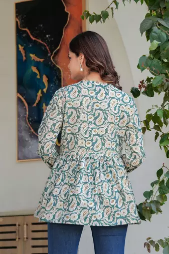 Teal floral printed cotton tunic short kurti top for women