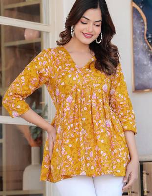 Yellow floral printed cotton tunic short kurti top for women 1