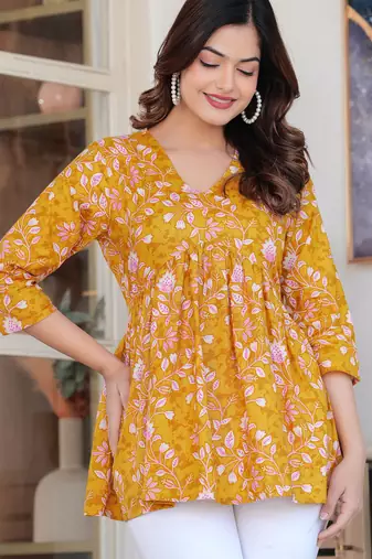 Yellow floral printed cotton tunic short kurti top for women