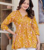 Yellow floral printed cotton tunic short kurti top for women