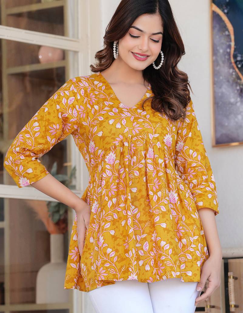 Yellow floral printed cotton tunic short kurti top for women