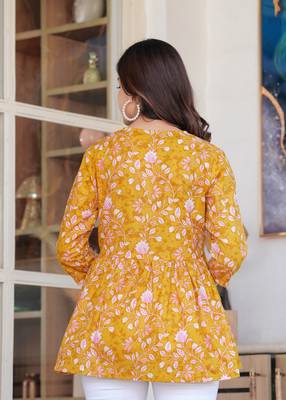 Yellow floral printed cotton tunic short kurti top for women 2