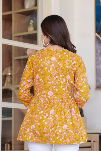 Yellow floral printed cotton tunic short kurti top for women