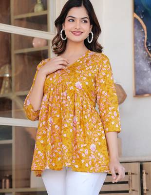 Yellow floral printed cotton tunic short kurti top for women 3