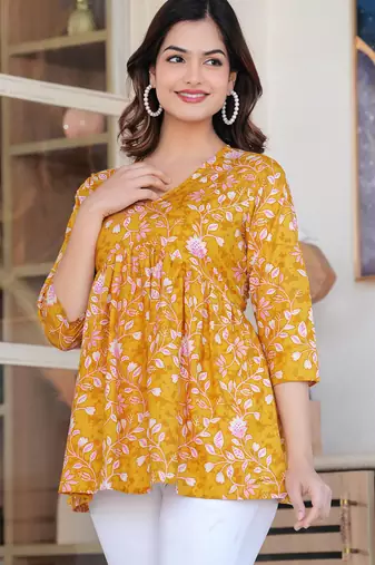 Yellow floral printed cotton tunic short kurti top for women