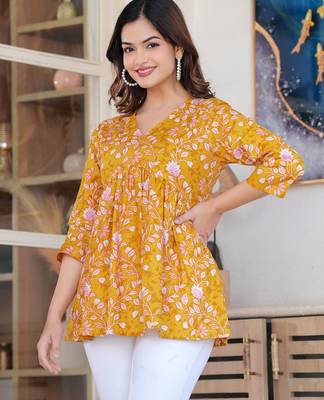 Yellow floral printed cotton tunic short kurti top for women 4