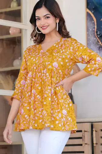 Yellow floral printed cotton tunic short kurti top for women