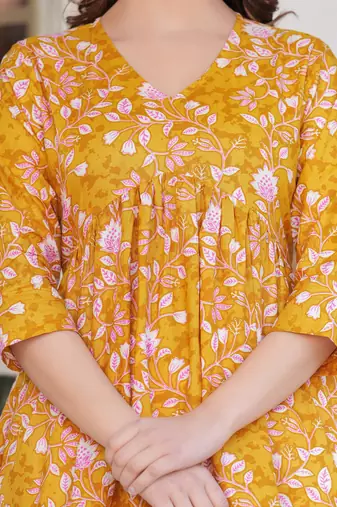 Yellow floral printed cotton tunic short kurti top for women