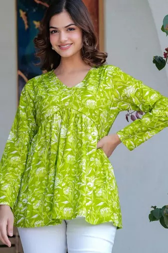 Lime floral printed cotton tunic short kurti top for women