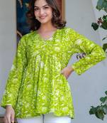 Lime floral printed cotton tunic short kurti top for women