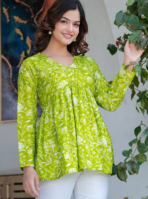 Lime floral printed cotton tunic short kurti top for women 3