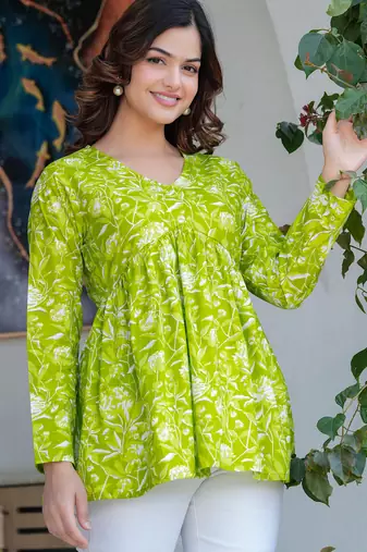 Lime floral printed cotton tunic short kurti top for women