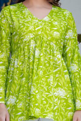 Lime floral printed cotton tunic short kurti top for women 5