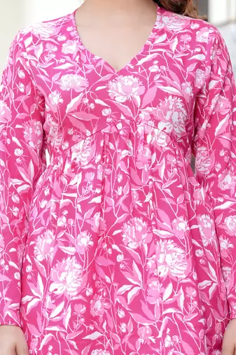 Pink floral printed cotton tunic short kurti top for women