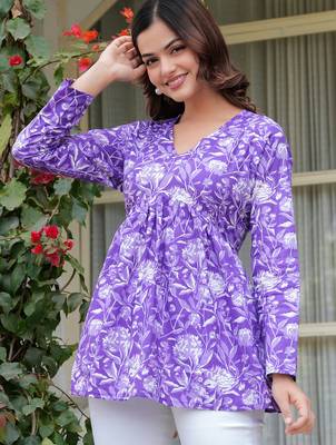 Purple floral printed cotton tunic short kurti top for women 3