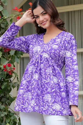 Purple floral printed cotton tunic short kurti top for women