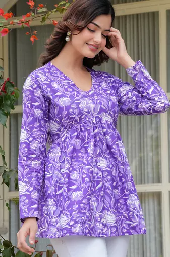 Purple floral printed cotton tunic short kurti top for women