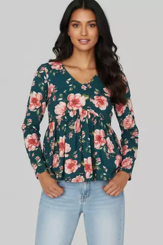 Green floral printed cotton tunic short kurti top for women