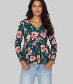 Green floral printed cotton tunic short kurti top for women