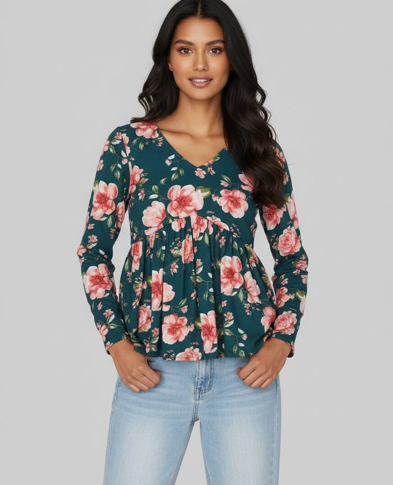 Green floral printed cotton tunic short kurti top for women