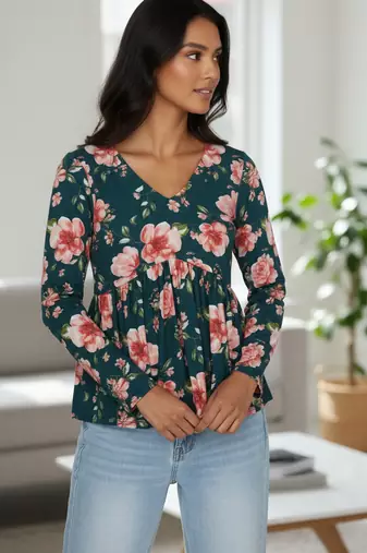 Green floral printed cotton tunic short kurti top for women