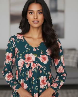 Green floral printed cotton tunic short kurti top for women 3