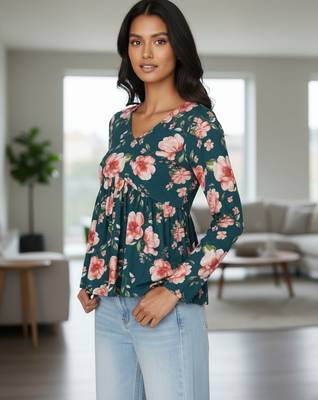 Green floral printed cotton tunic short kurti top for women 4