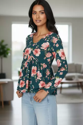 Green floral printed cotton tunic short kurti top for women
