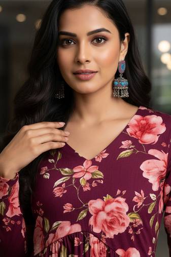 Maroon floral printed cotton tunic short kurti top for women