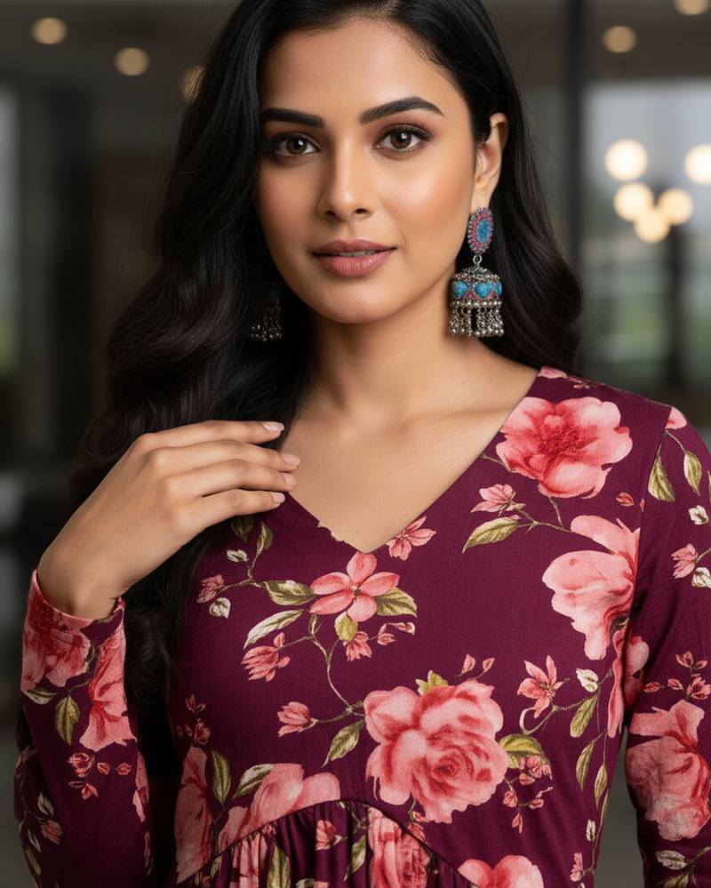 Maroon floral printed cotton tunic short kurti top for women