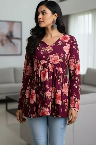 Maroon floral printed cotton tunic short kurti top for women