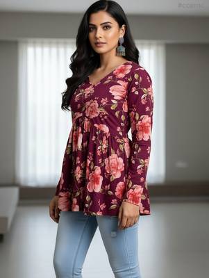 Maroon floral printed cotton tunic short kurti top for women 4