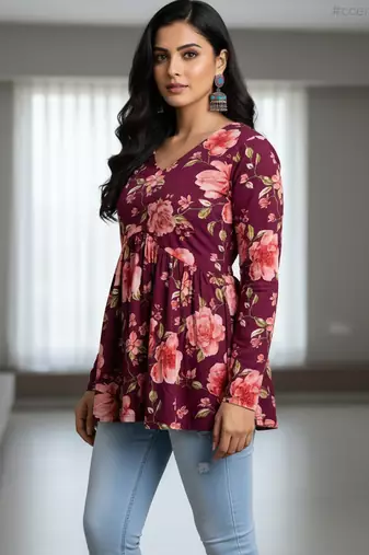 Maroon floral printed cotton tunic short kurti top for women